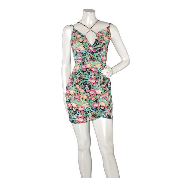 Reverse Tropical Floral Mini Dress Strappy Ruched Side Cinched Waist Black Blue - Picture 2 of 10
